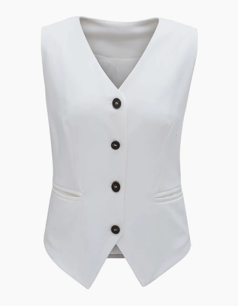 White Solid Color Button up V Neck Suit Vest
