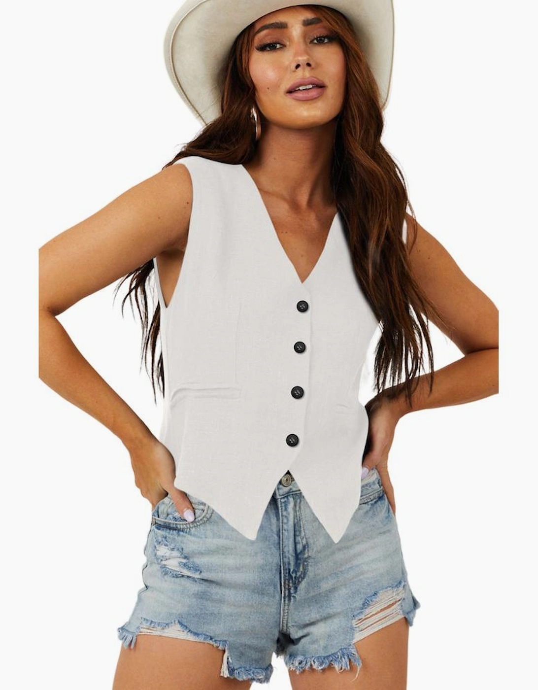 White Solid Color Button up V Neck Suit Vest