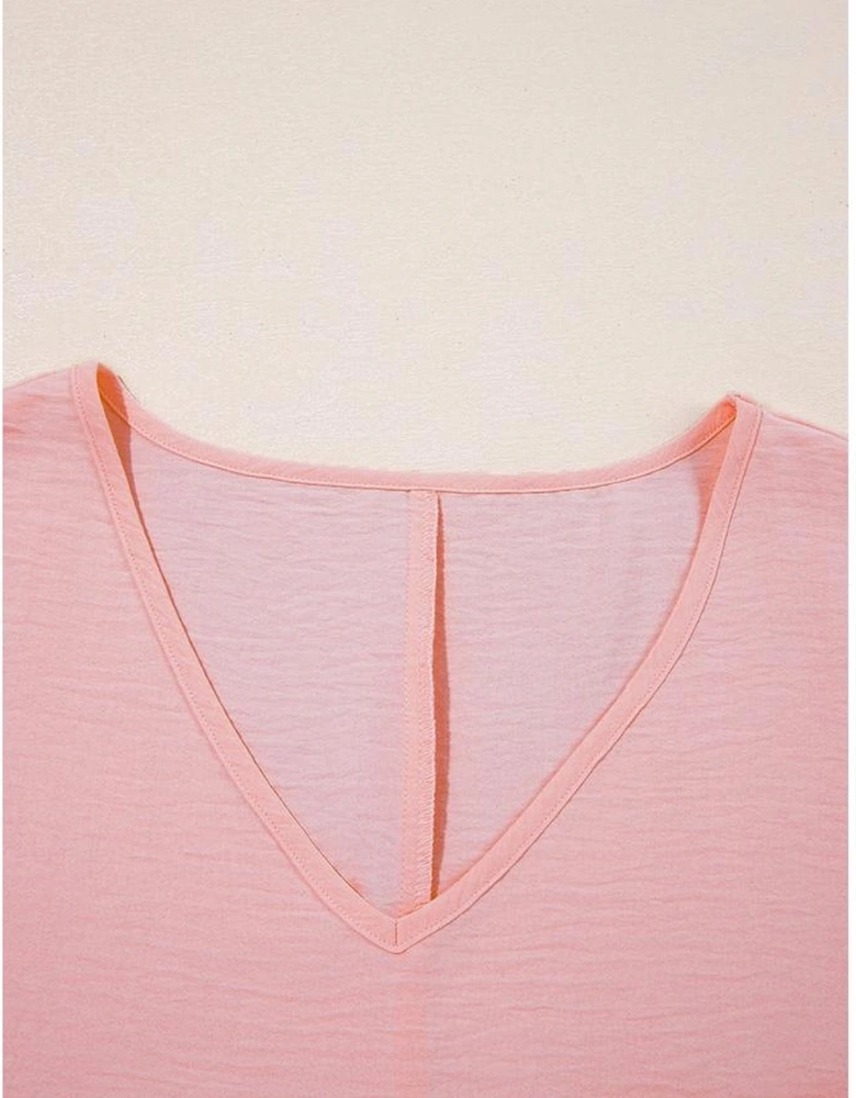 Pink Textured Half Sleeve V Neck Plus Size T Shirt with Chest Pocket