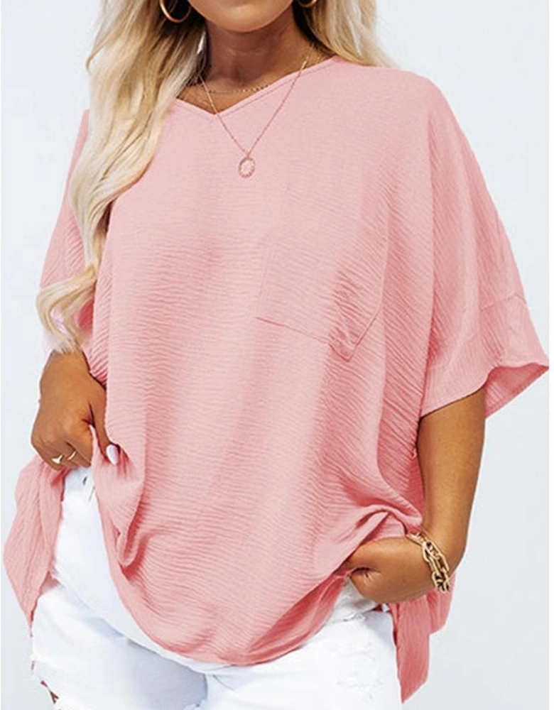 Pink Textured Half Sleeve V Neck Plus Size T Shirt with Chest Pocket
