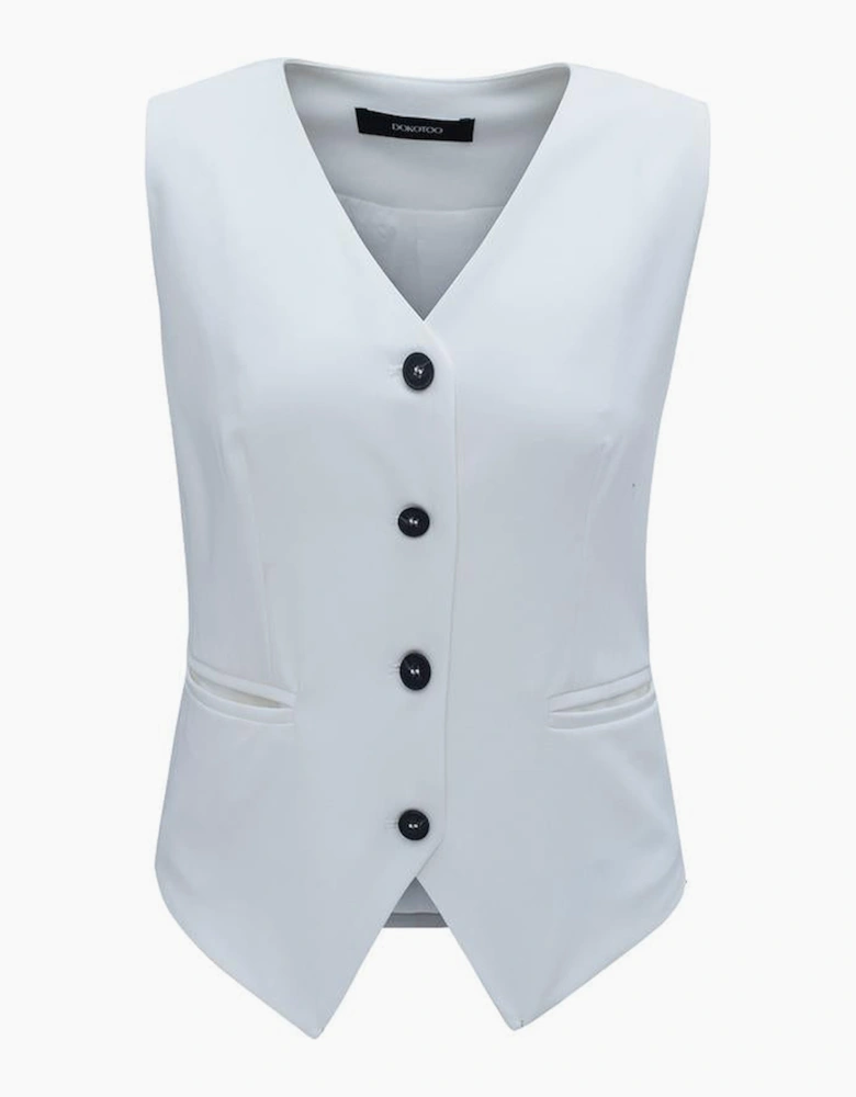 White Solid Color Button up V Neck Suit Vest