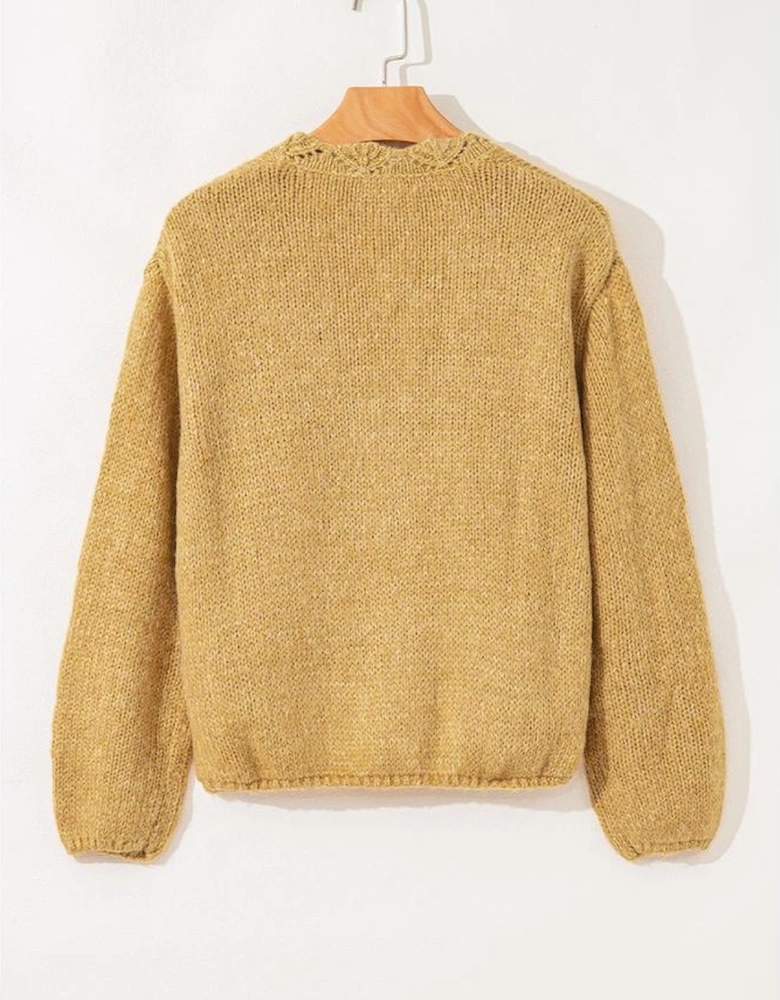 Light French Beige Lantern Sleeve Scallop V Neck Buttoned Front Cardigan