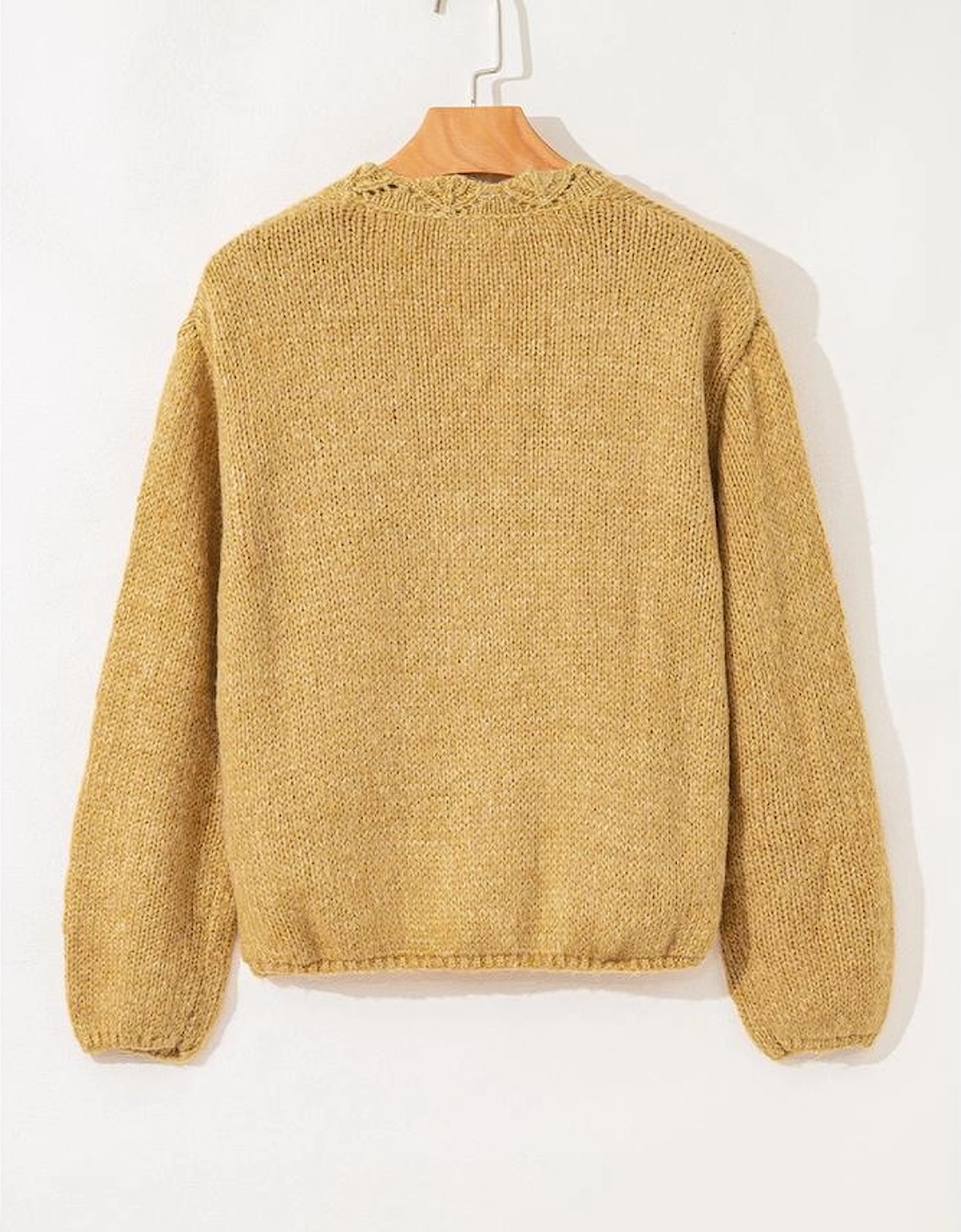 Light French Beige Lantern Sleeve Scallop V Neck Buttoned Front Cardigan