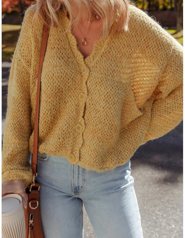 Light French Beige Lantern Sleeve Scallop V Neck Buttoned Front Cardigan