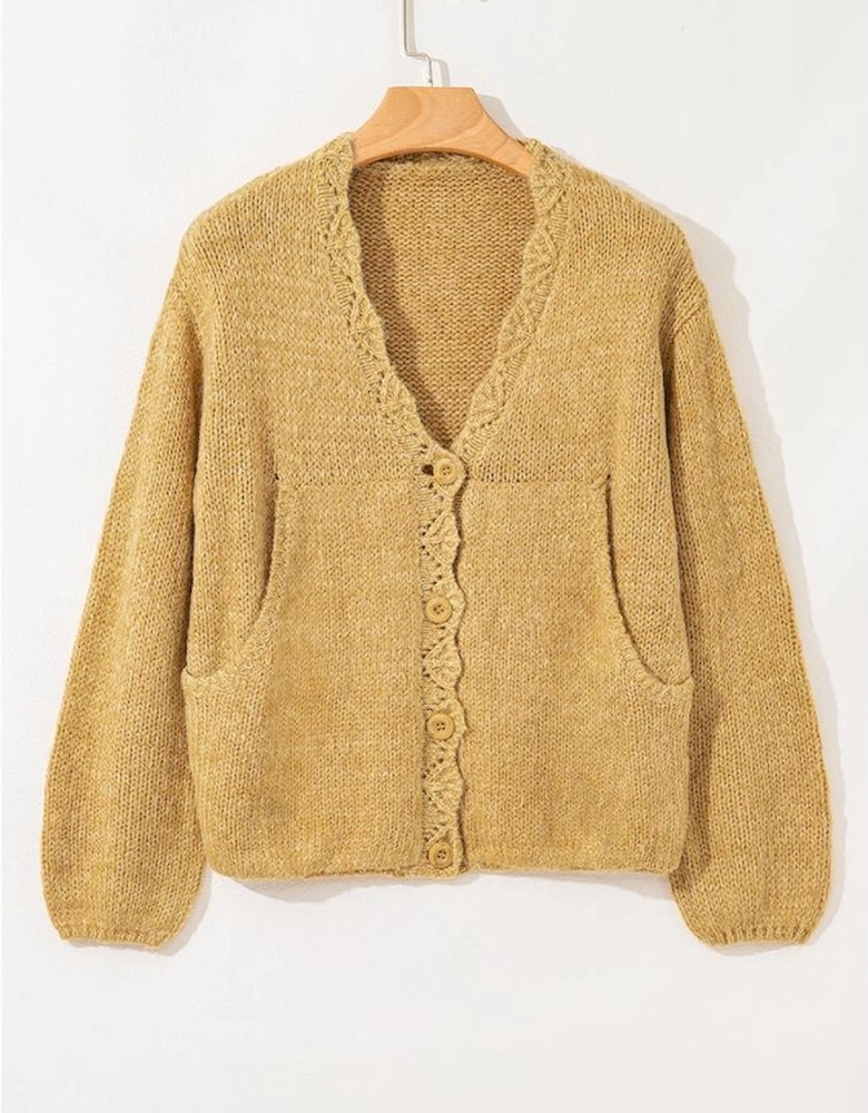 Light French Beige Lantern Sleeve Scallop V Neck Buttoned Front Cardigan