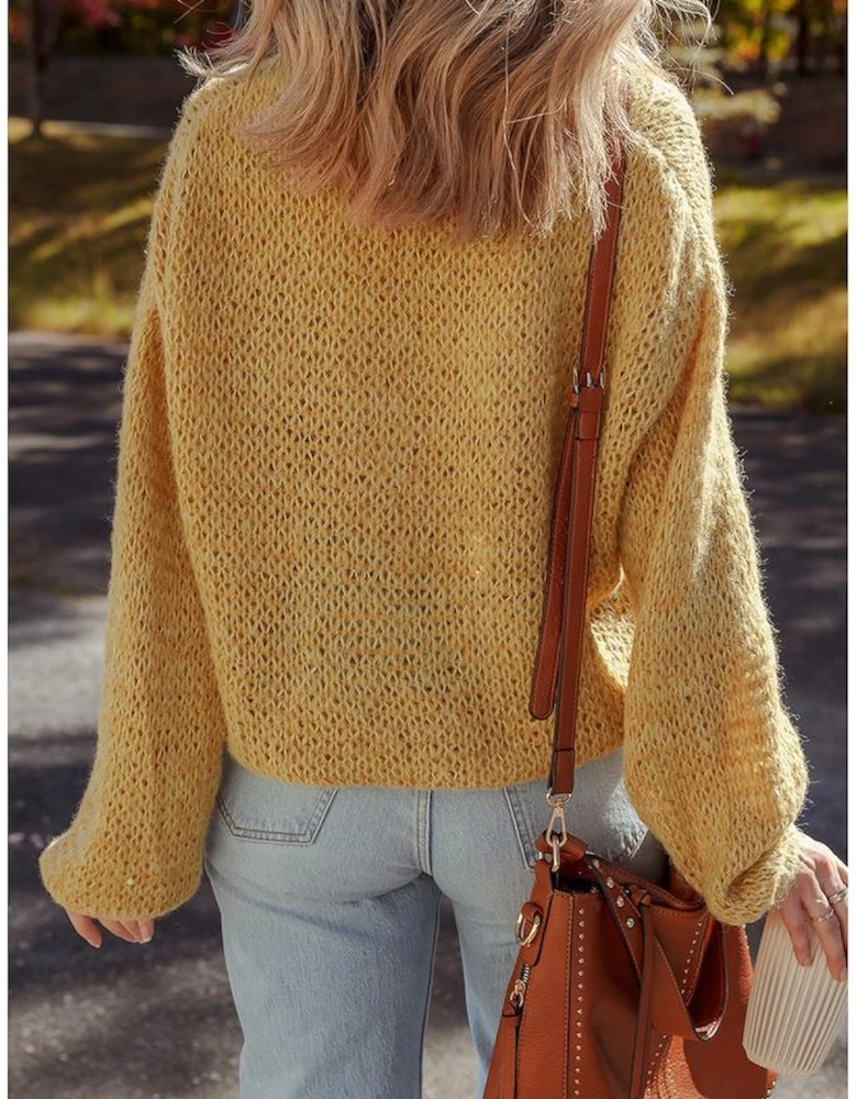 Light French Beige Lantern Sleeve Scallop V Neck Buttoned Front Cardigan