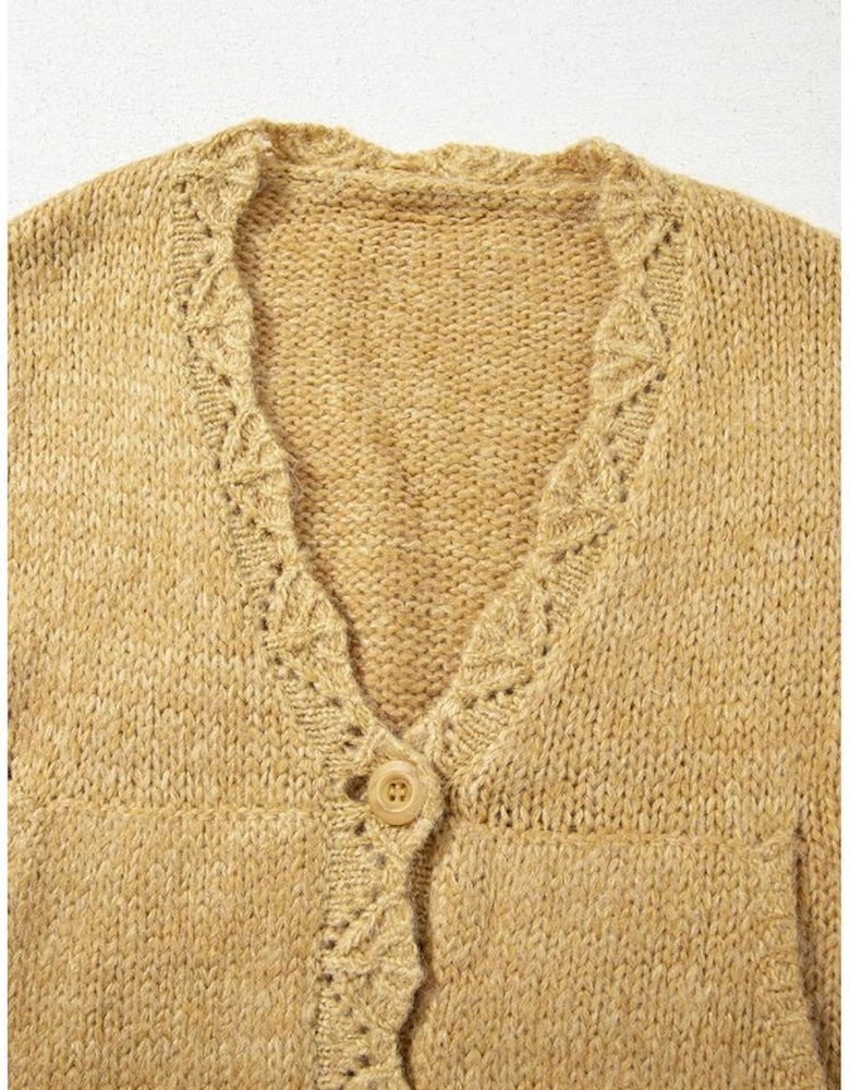 Light French Beige Lantern Sleeve Scallop V Neck Buttoned Front Cardigan