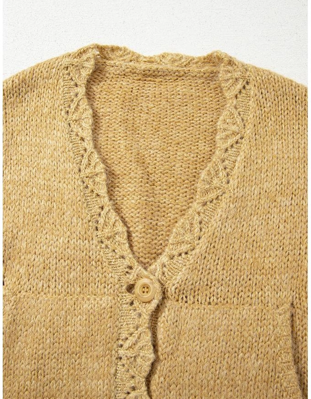 Light French Beige Lantern Sleeve Scallop V Neck Buttoned Front Cardigan