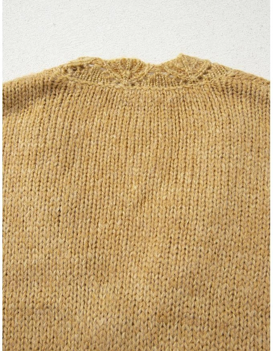 Light French Beige Lantern Sleeve Scallop V Neck Buttoned Front Cardigan