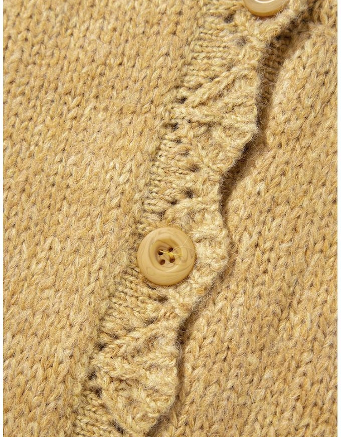 Light French Beige Lantern Sleeve Scallop V Neck Buttoned Front Cardigan