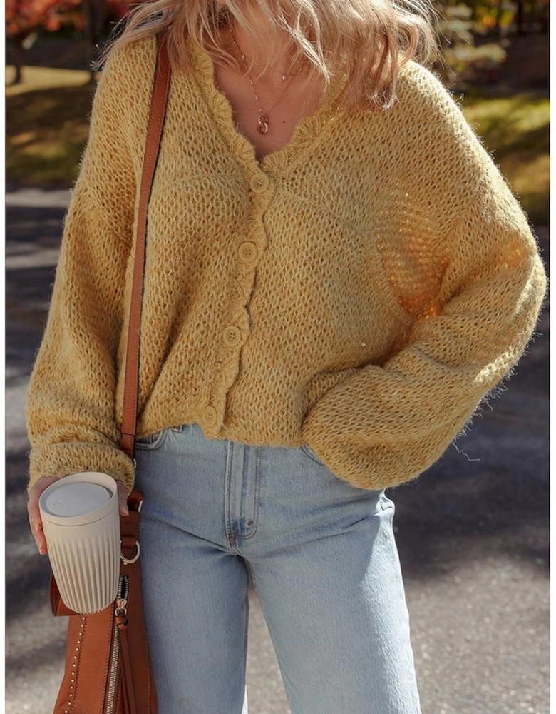 Light French Beige Lantern Sleeve Scallop V Neck Buttoned Front Cardigan