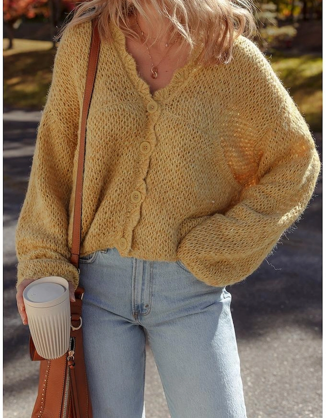 Light French Beige Lantern Sleeve Scallop V Neck Buttoned Front Cardigan