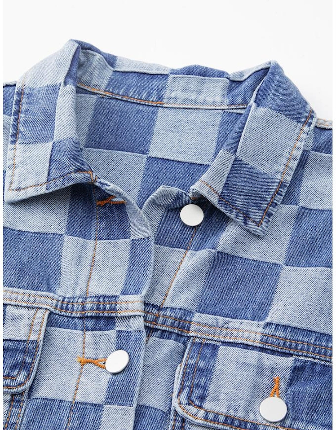 Light Blue Checkered Patchwork Button up Denim Jacket