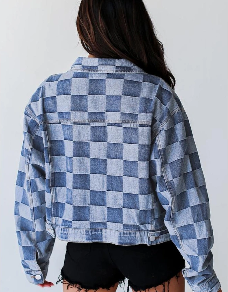 Light Blue Checkered Patchwork Button up Denim Jacket