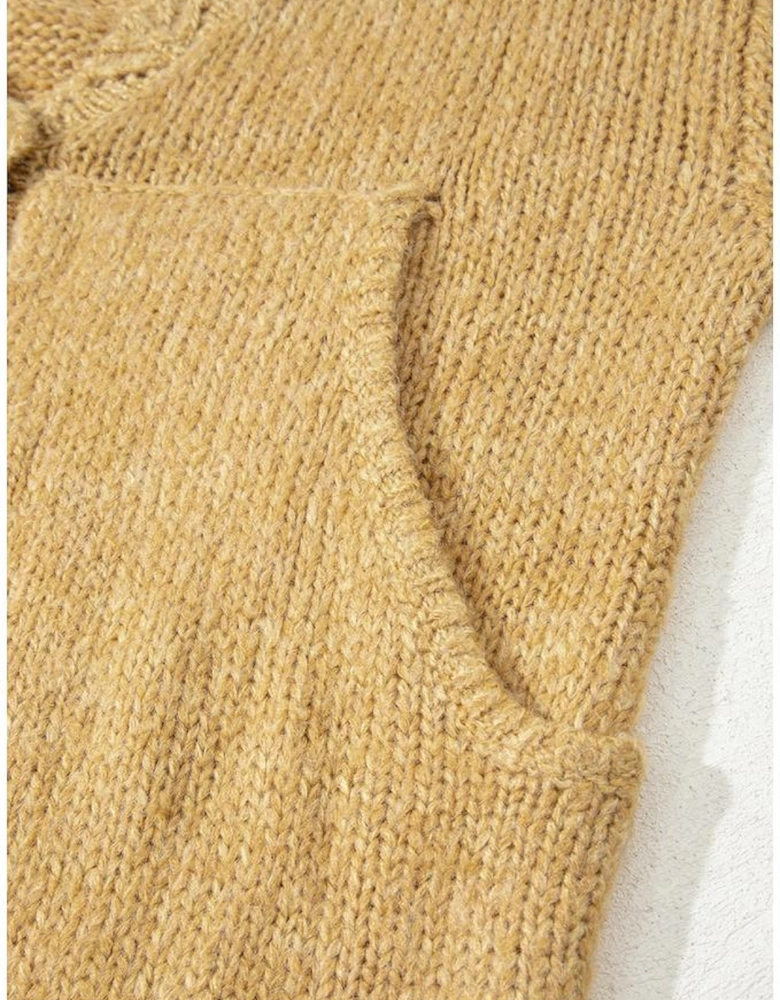 Light French Beige Lantern Sleeve Scallop V Neck Buttoned Front Cardigan