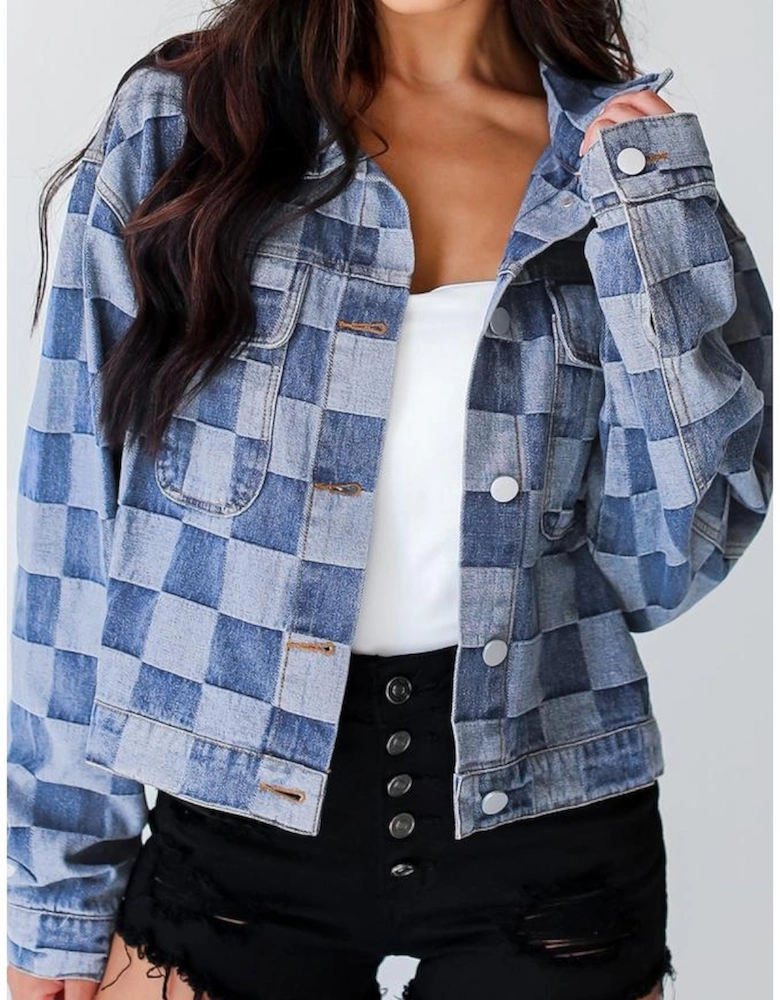Light Blue Checkered Patchwork Button up Denim Jacket