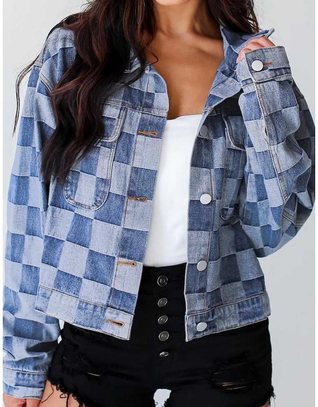 Light Blue Checkered Patchwork Button up Denim Jacket, 15 of 14