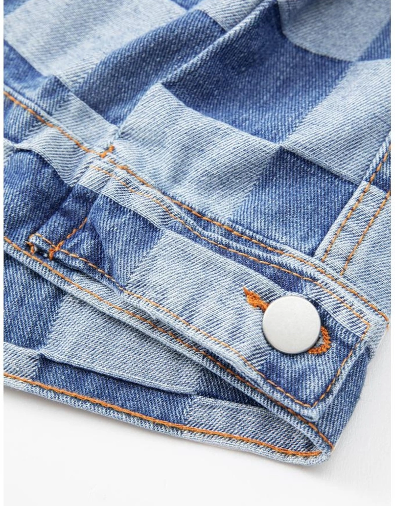 Light Blue Checkered Patchwork Button up Denim Jacket