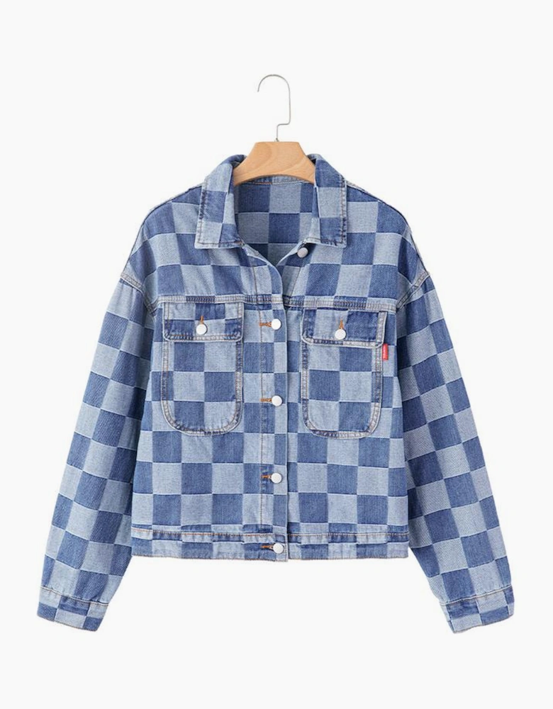 Light Blue Checkered Patchwork Button up Denim Jacket