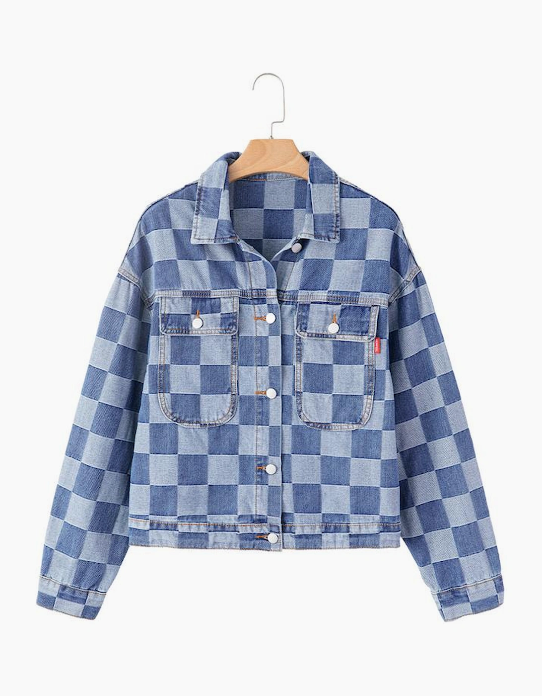 Light Blue Checkered Patchwork Button up Denim Jacket