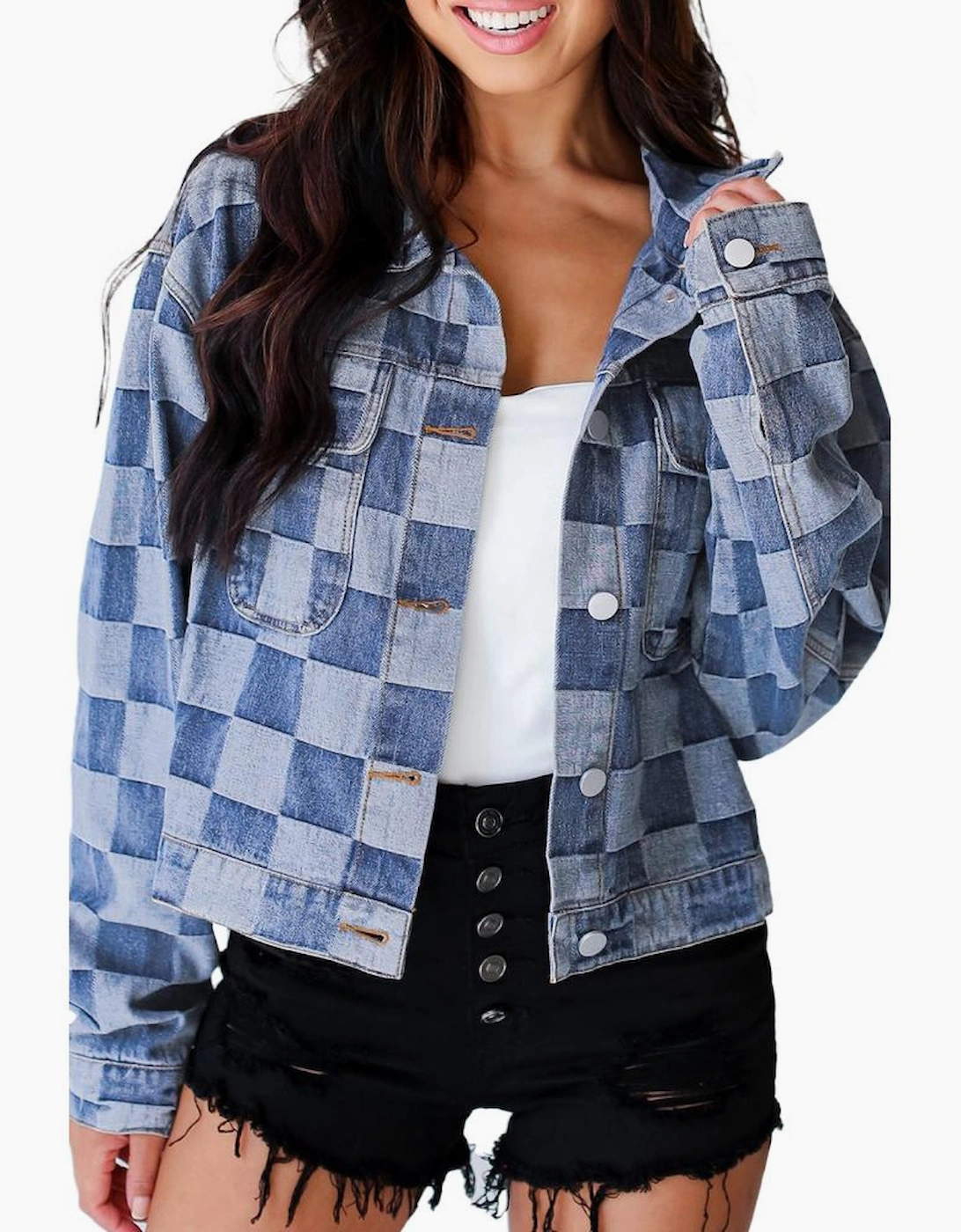 Light Blue Checkered Patchwork Button up Denim Jacket