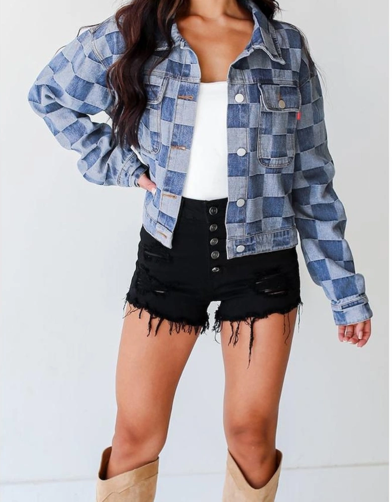 Light Blue Checkered Patchwork Button up Denim Jacket