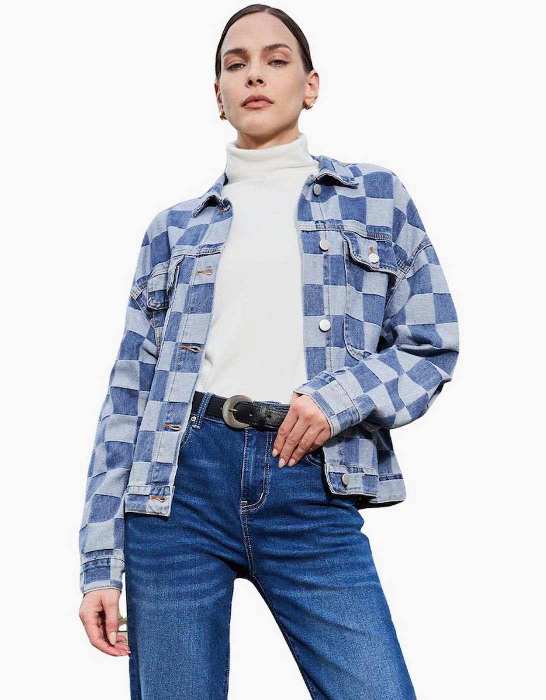 Light Blue Checkered Patchwork Button up Denim Jacket