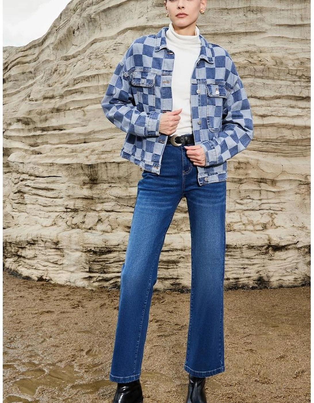 Light Blue Checkered Patchwork Button up Denim Jacket