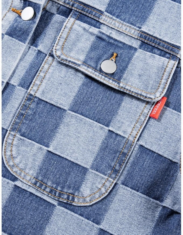 Light Blue Checkered Patchwork Button up Denim Jacket