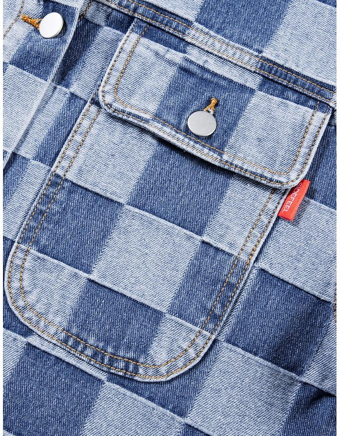 Light Blue Checkered Patchwork Button up Denim Jacket