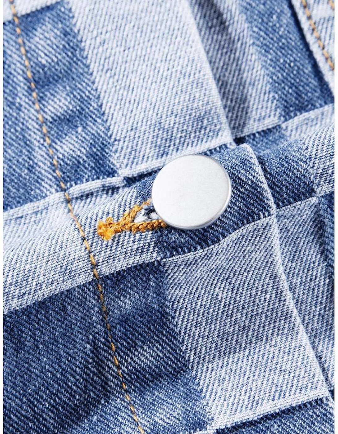 Light Blue Checkered Patchwork Button up Denim Jacket