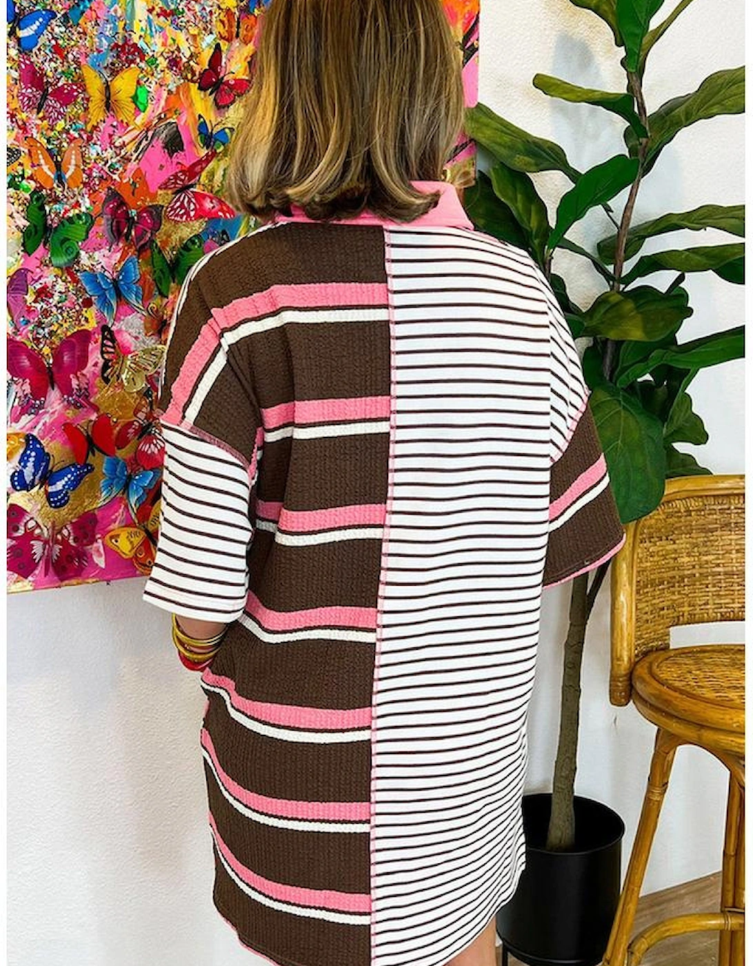 Brown Stripe Striped Textured Patchwork Buttoned T Shirt Dress