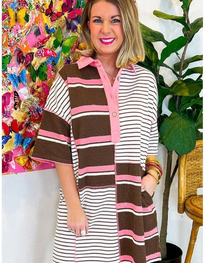 Brown Stripe Striped Textured Patchwork Buttoned T Shirt Dress