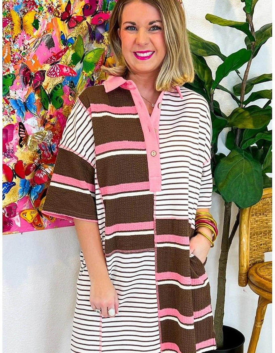 Brown Stripe Striped Textured Patchwork Buttoned T Shirt Dress