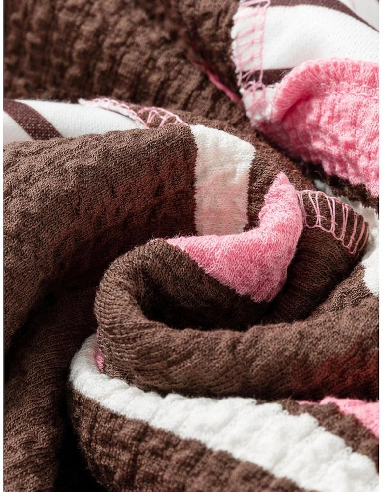 Brown Stripe Striped Textured Patchwork Buttoned T Shirt Dress