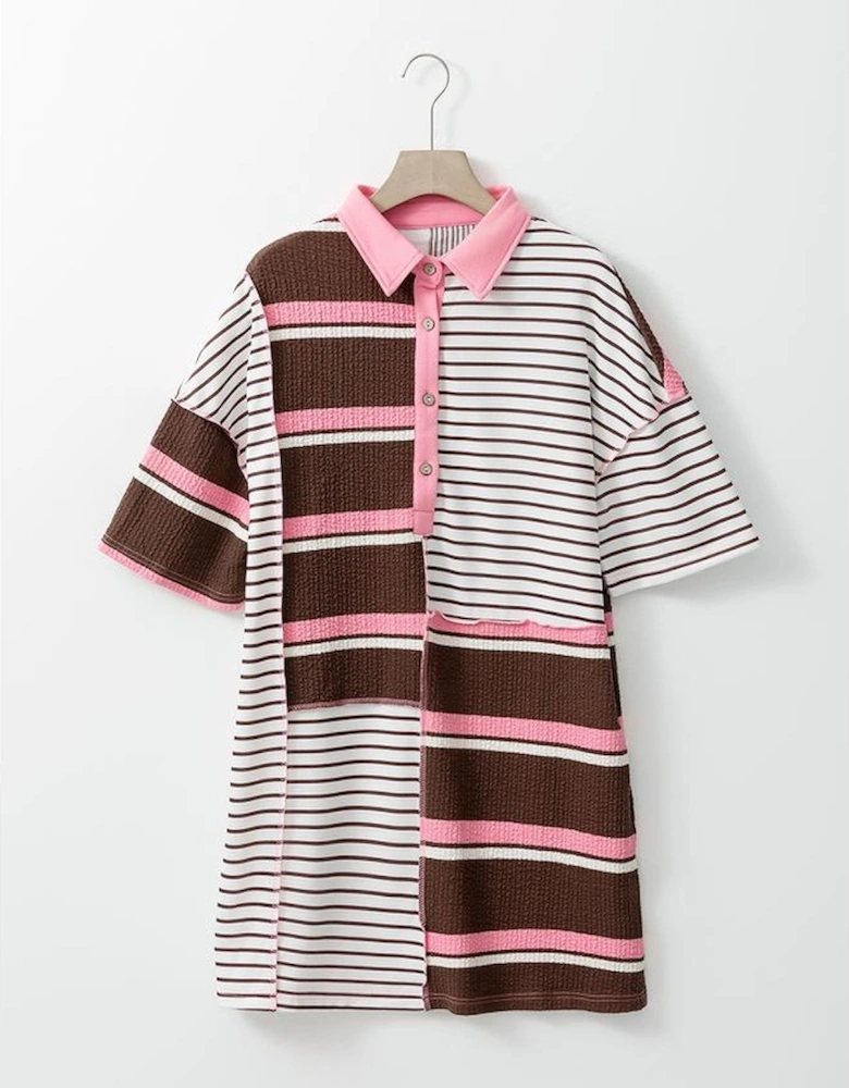 Brown Stripe Striped Textured Patchwork Buttoned T Shirt Dress