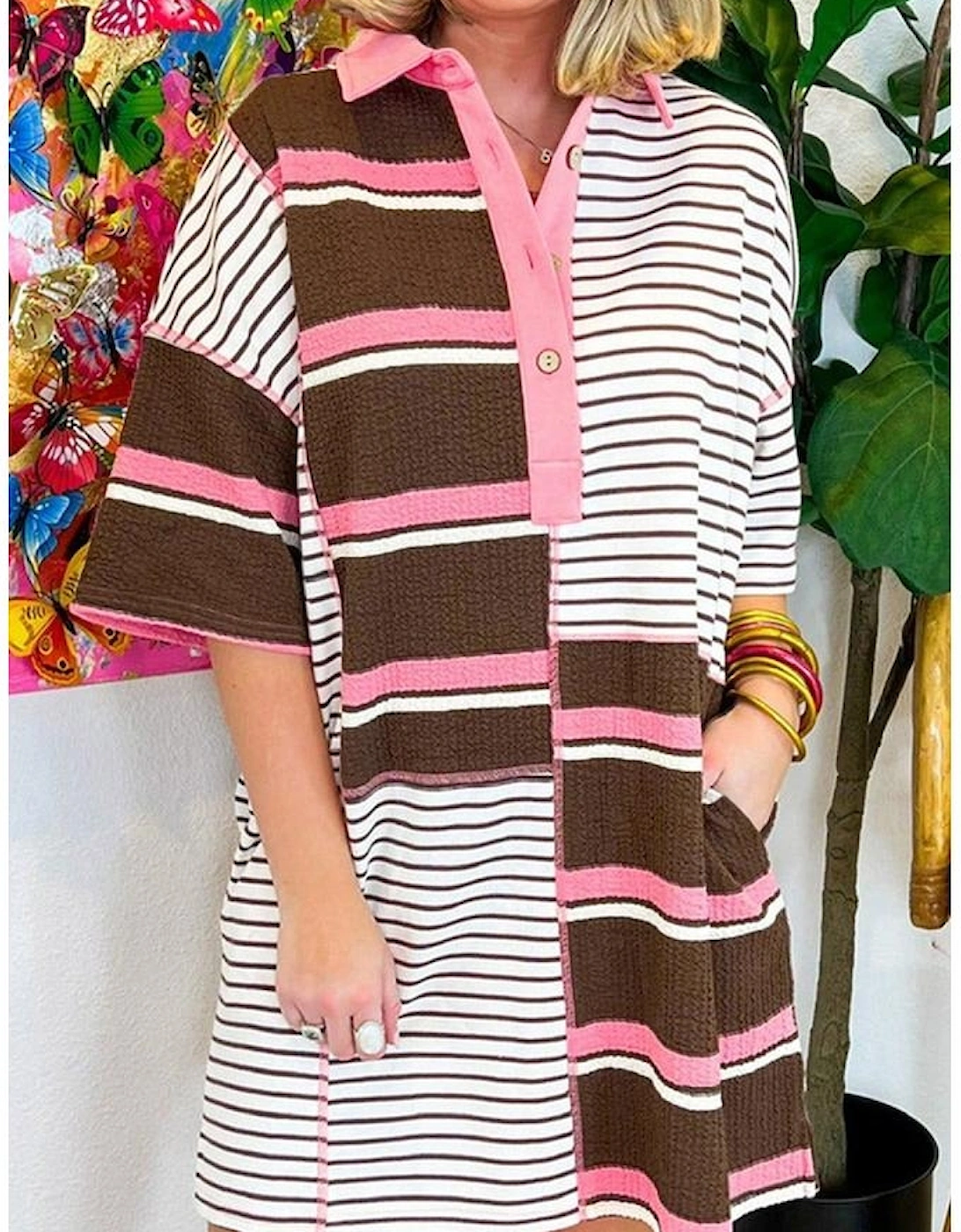 Brown Stripe Striped Textured Patchwork Buttoned T Shirt Dress