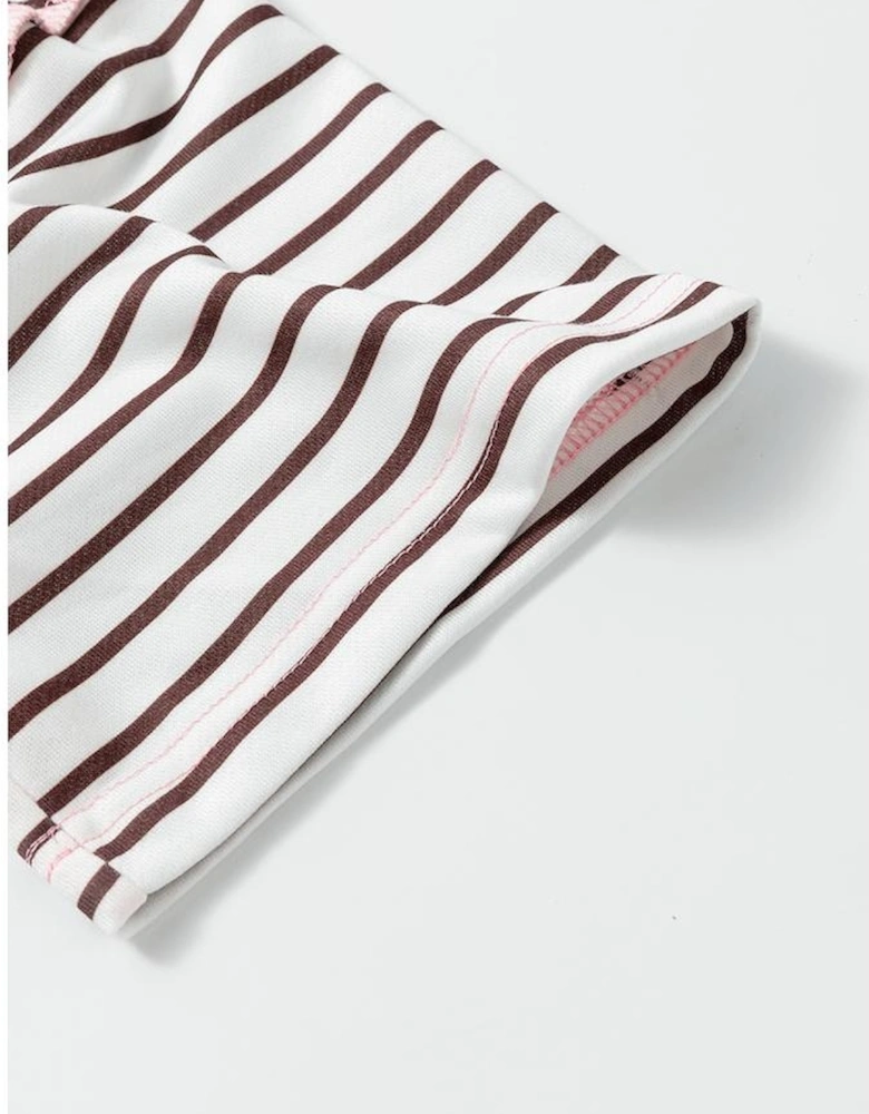 Brown Stripe Striped Textured Patchwork Buttoned T Shirt Dress