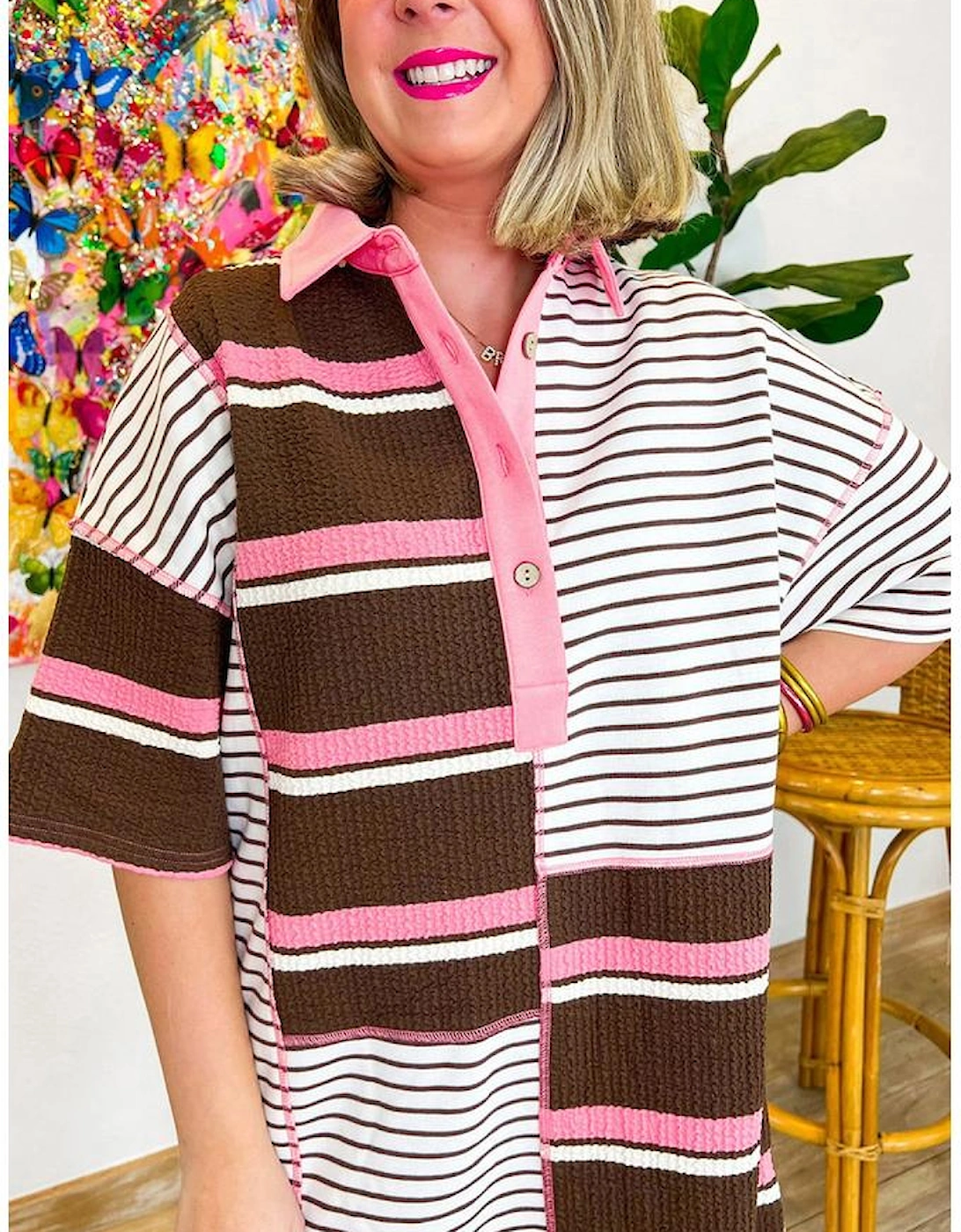 Brown Stripe Striped Textured Patchwork Buttoned T Shirt Dress, 11 of 10