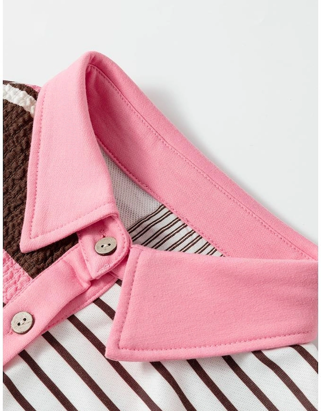 Brown Stripe Striped Textured Patchwork Buttoned T Shirt Dress