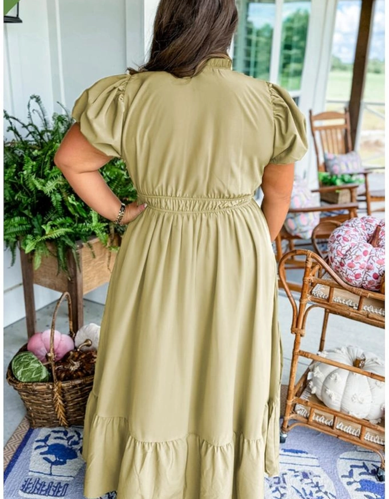 Laurel Green Notched V Neck Puff Sleeve Tiered Plus Size Maxi Dress
