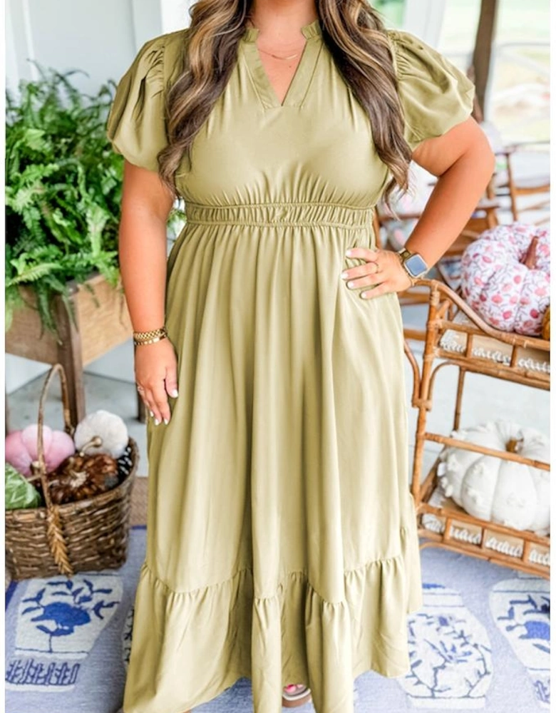Laurel Green Notched V Neck Puff Sleeve Tiered Plus Size Maxi Dress