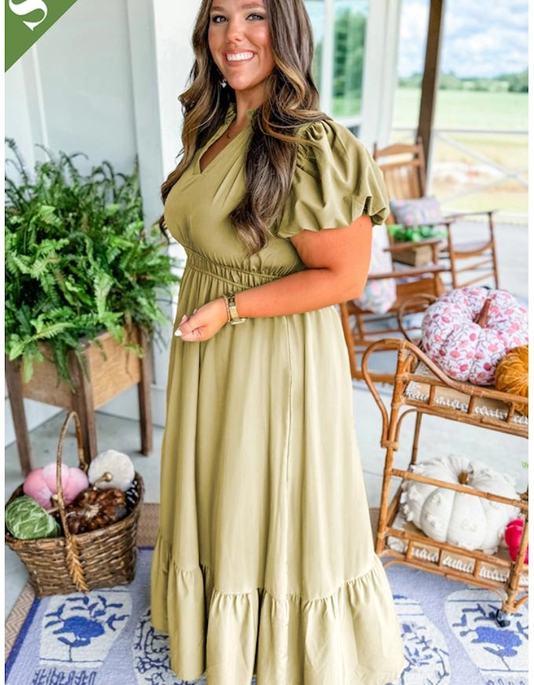 Laurel Green Notched V Neck Puff Sleeve Tiered Plus Size Maxi Dress