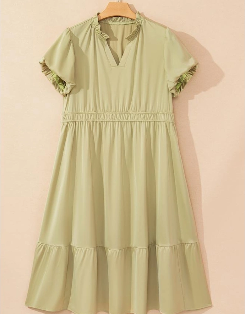 Laurel Green Notched V Neck Puff Sleeve Tiered Plus Size Maxi Dress