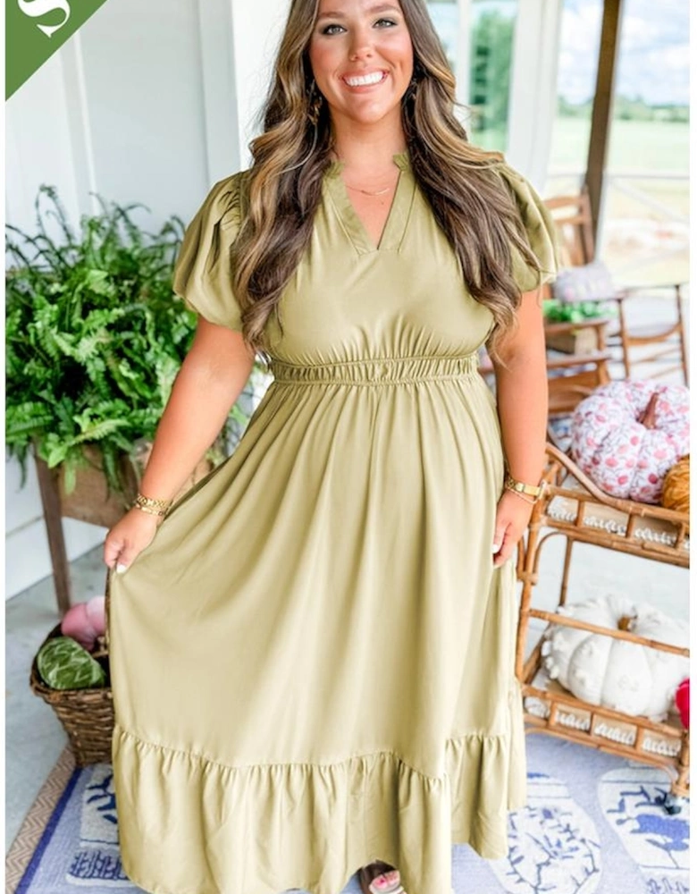 Laurel Green Notched V Neck Puff Sleeve Tiered Plus Size Maxi Dress