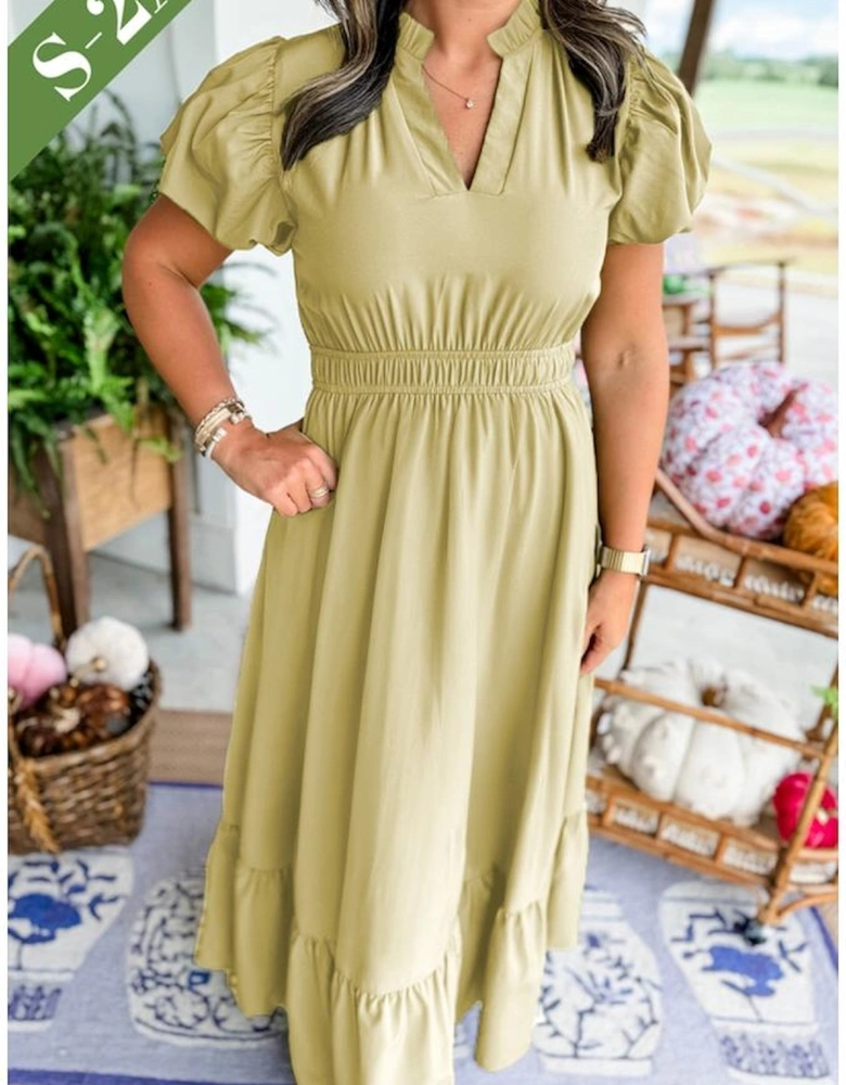 Laurel Green Notched V Neck Puff Sleeve Tiered Plus Size Maxi Dress