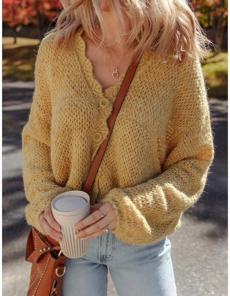 Light French Beige Lantern Sleeve Scallop V Neck Buttoned Front Cardigan