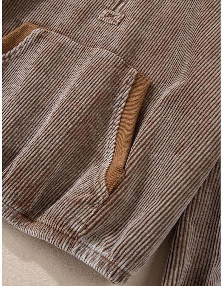 Chestnut Half Zipper Kangaroo Pocket Drawstring Corduroy Hoodie