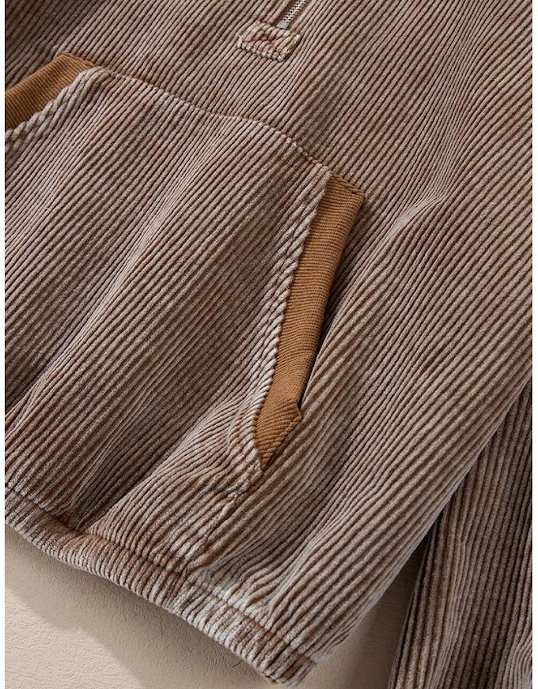 Chestnut Half Zipper Kangaroo Pocket Drawstring Corduroy Hoodie