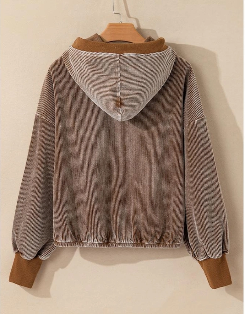 Chestnut Half Zipper Kangaroo Pocket Drawstring Corduroy Hoodie